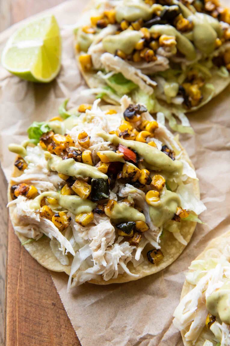 Angled photo of chicken tostada recipe.