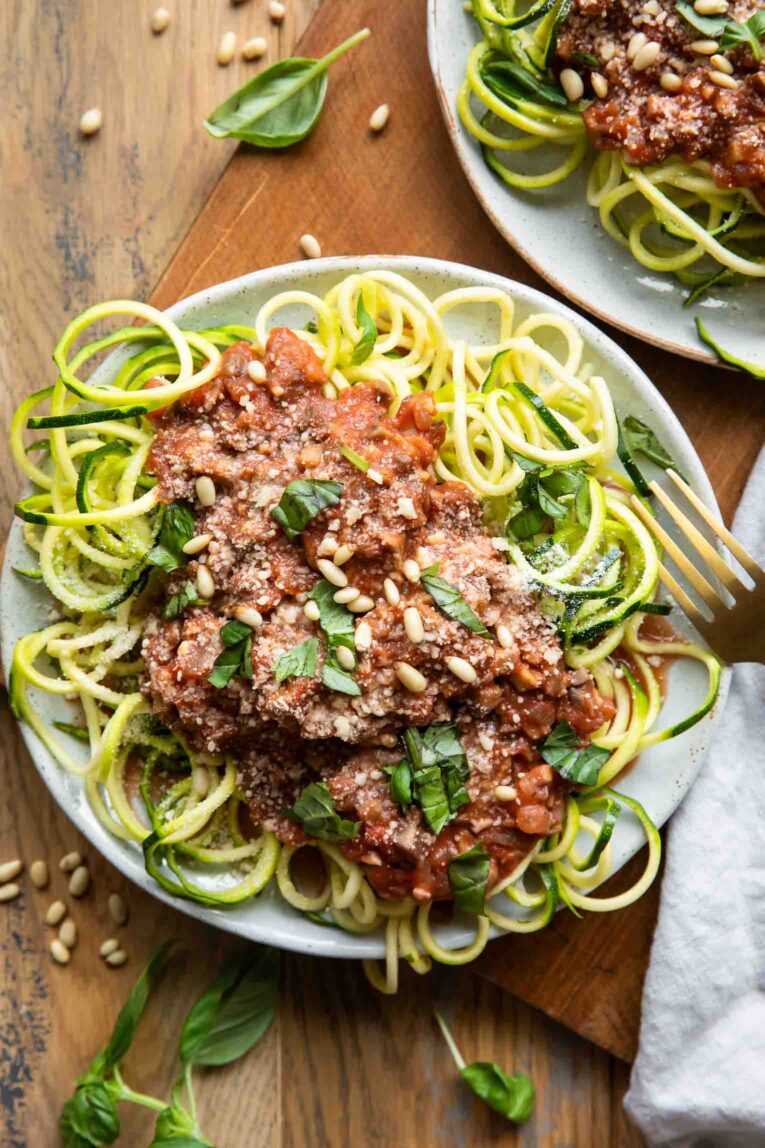 Zucchini Spaghetti w/ Mushroom Red Sauce on plates.