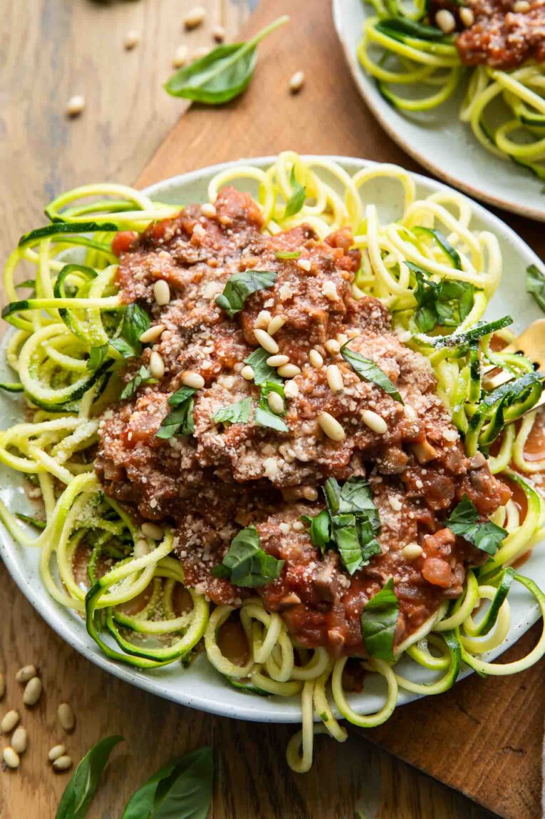 Angled photo of Zucchini Spaghetti w/ Mushroom Red Sauce.