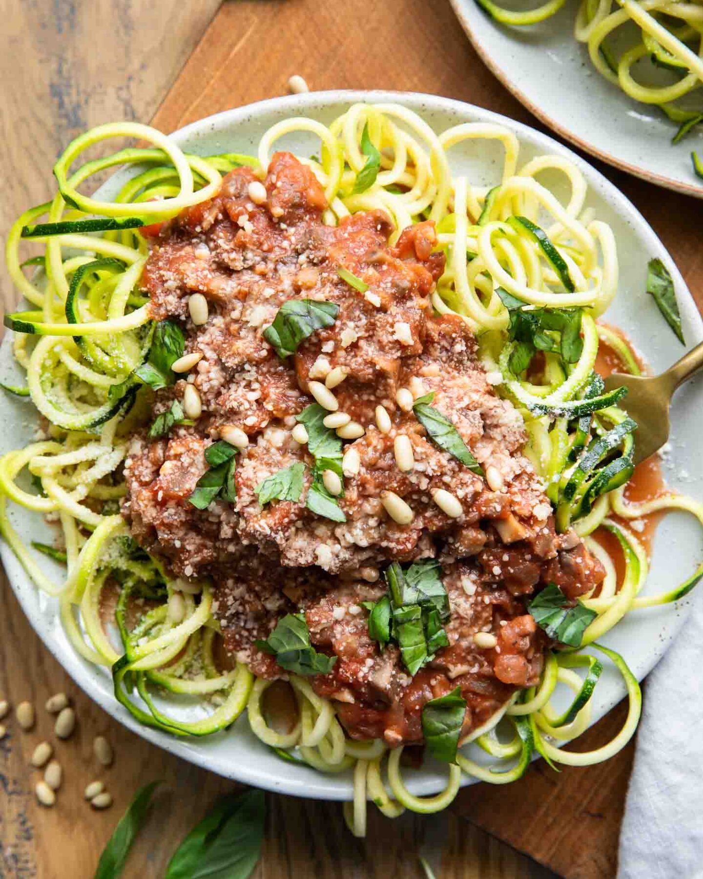 Zucchini Spaghetti w/ Mushroom Red Sauce recipe on a plate.