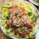 Zucchini Spaghetti w/ Mushroom Red Sauce recipe on a plate.