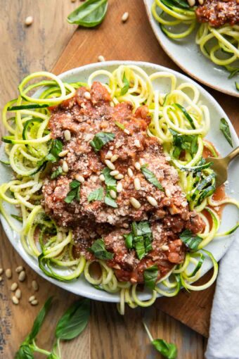 Zucchini Spaghetti w/ Mushroom Red Sauce recipe on a plate.