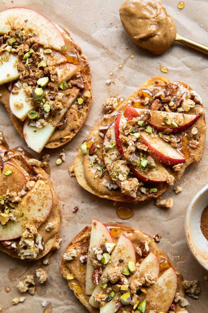 Apple Cinnamon Peanut Butter Breakfast Toast on parchment paper.