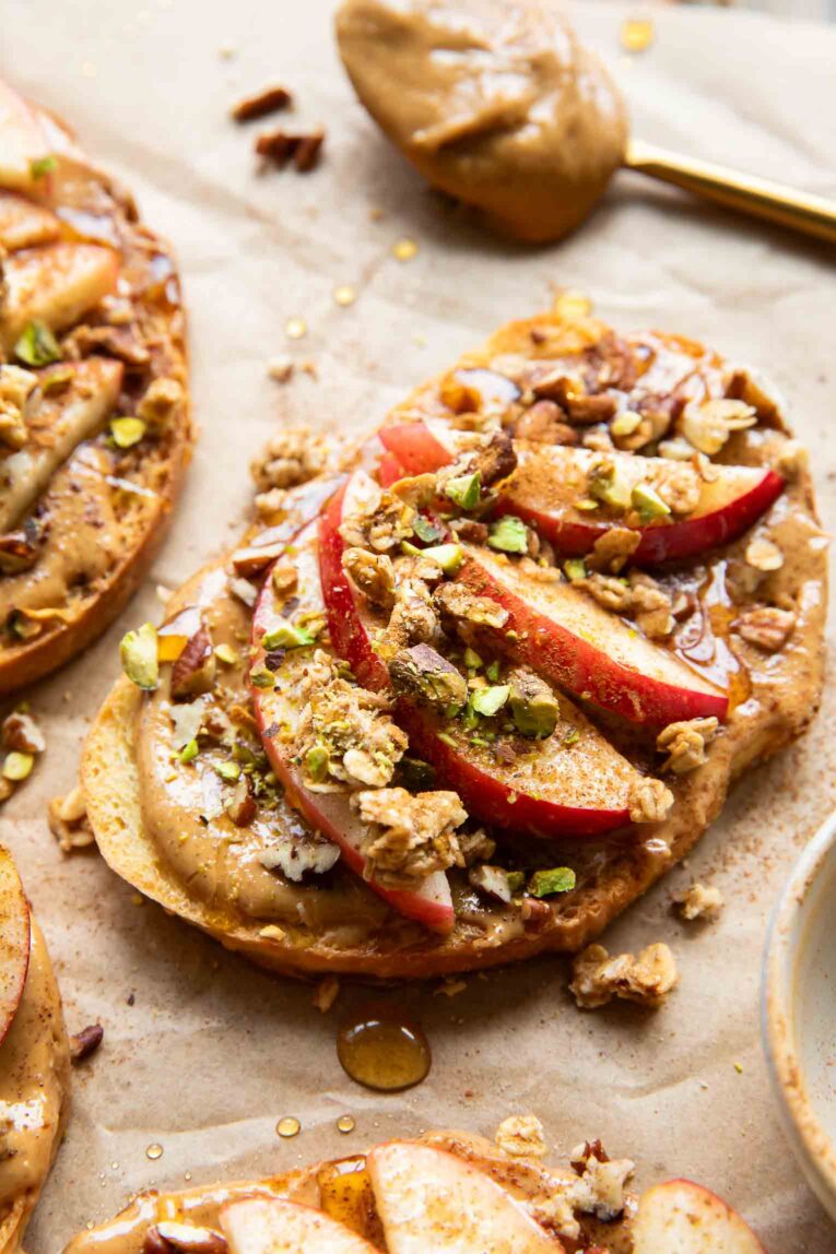 Angled photo of apple peanut butter breakfast toast.
