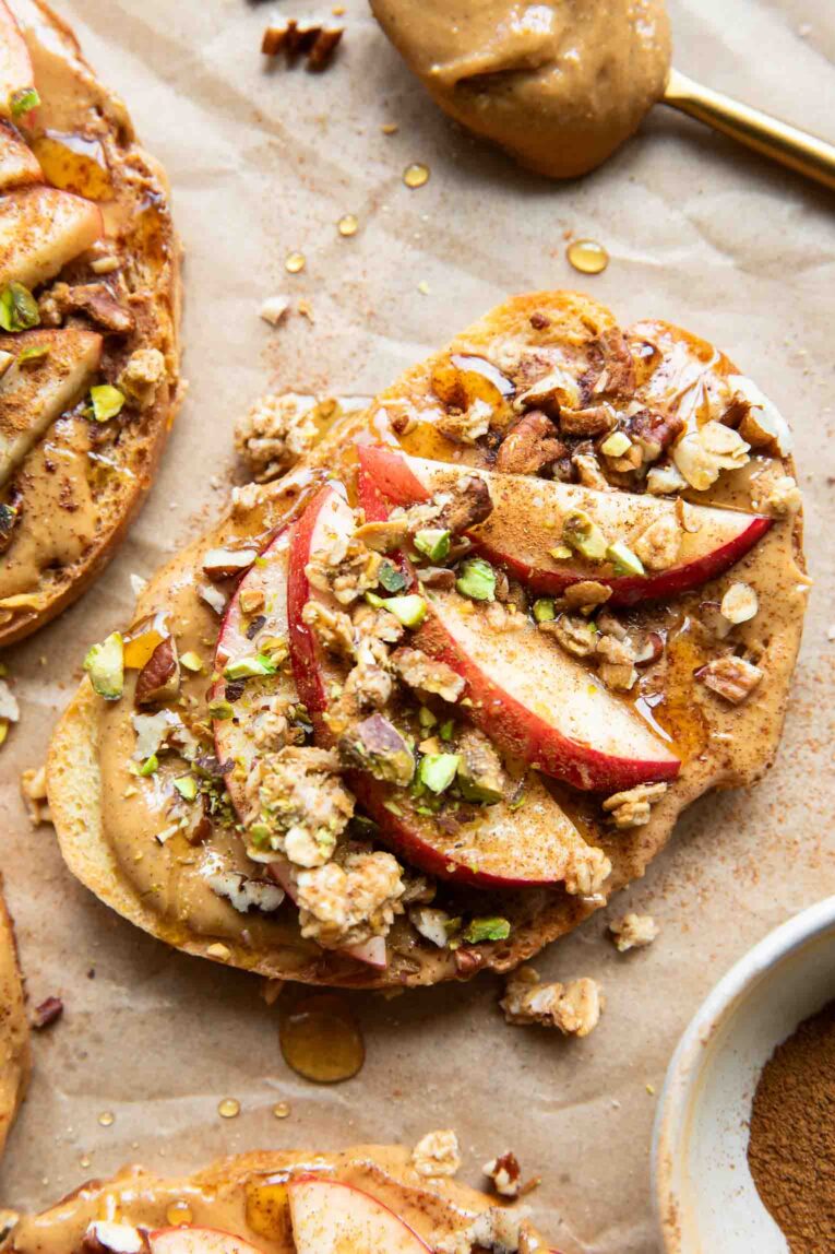 Close up of Apple Cinnamon Peanut Butter Breakfast Toast recipe.