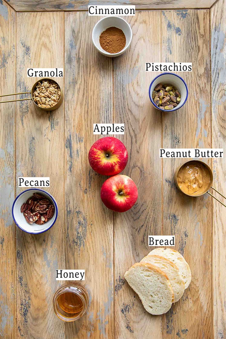 Ingredients for apple peanut butter toast recipe.