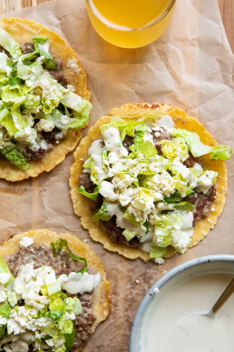 Close up of ground chicken smashed tacos.