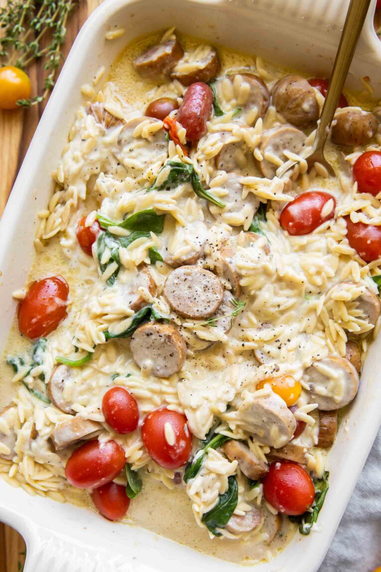 Chicken Sausage Orzo Casserole in a baking dish.