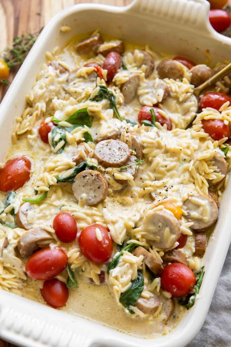 Chicken Sausage Orzo Casserole in a baking dish.