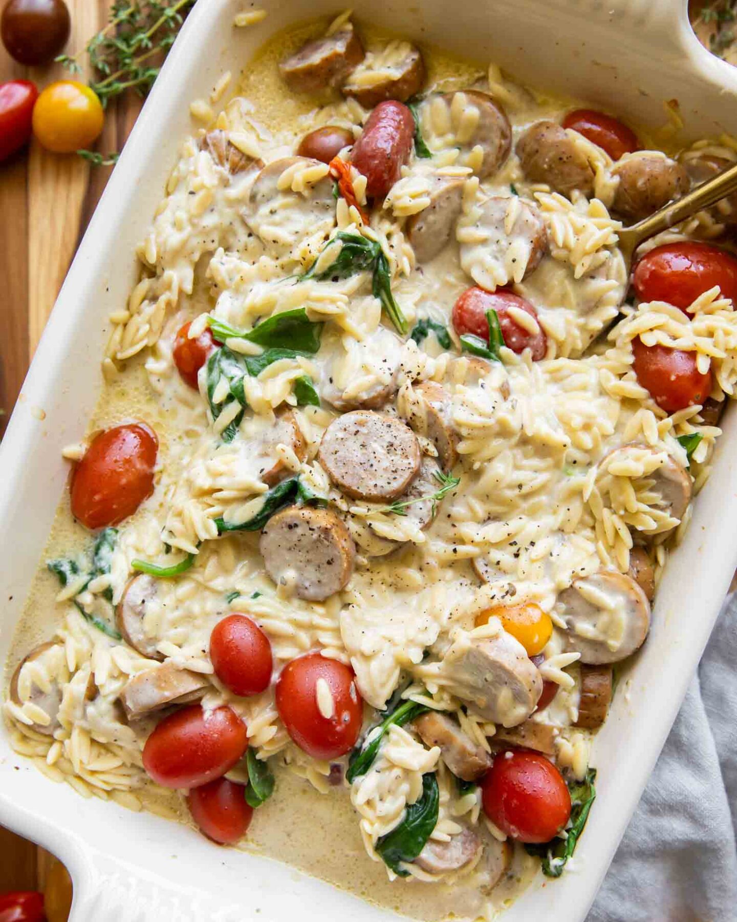 Chicken Sausage Orzo Casserole in a baking dish.