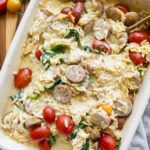 Chicken Sausage Orzo Casserole in a baking dish.
