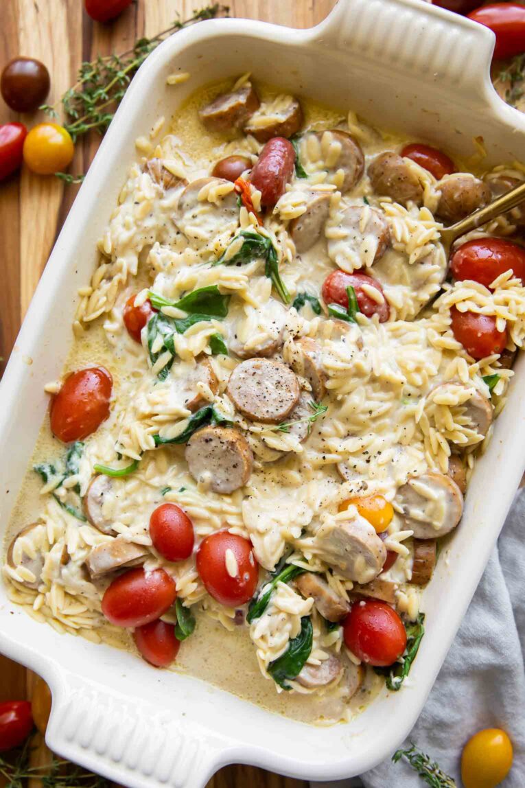 Chicken Sausage Orzo Casserole in a baking dish.
