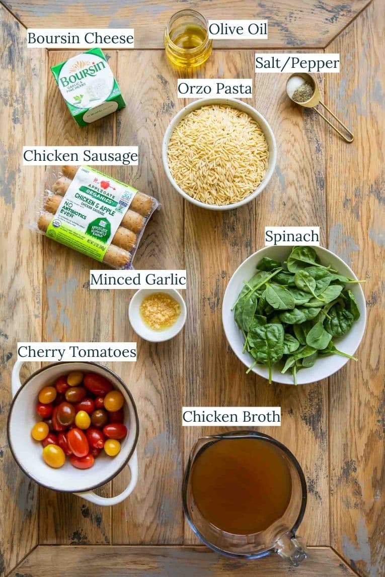 Ingredients for Chicken Sausage Orzo Casserole.
