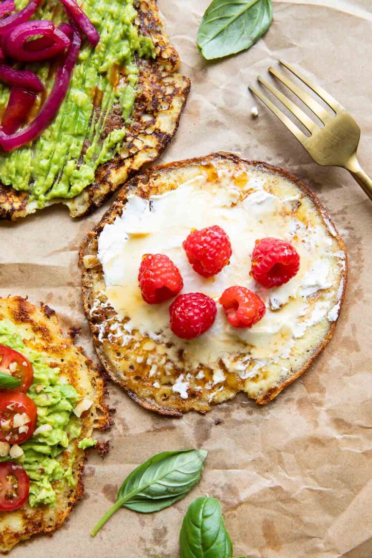 Cottage Cheese Breakfast Round with goat cheese honey and berries.