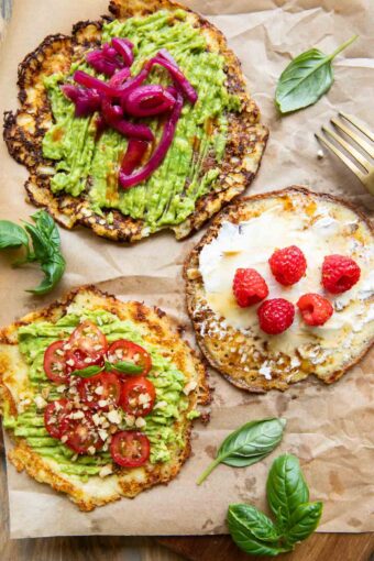 Three Cottage Cheese Breakfast Rounds with different toppings.