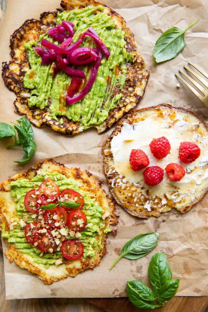 Three Cottage Cheese Breakfast Rounds with different toppings.