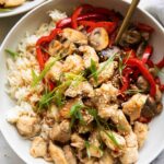 Top Photo General Taos Chicken with rice and red pepper.