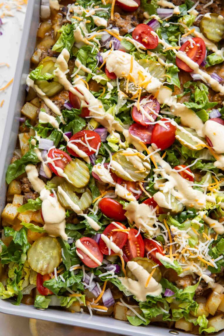 Big Mac casserole in a baking dish.