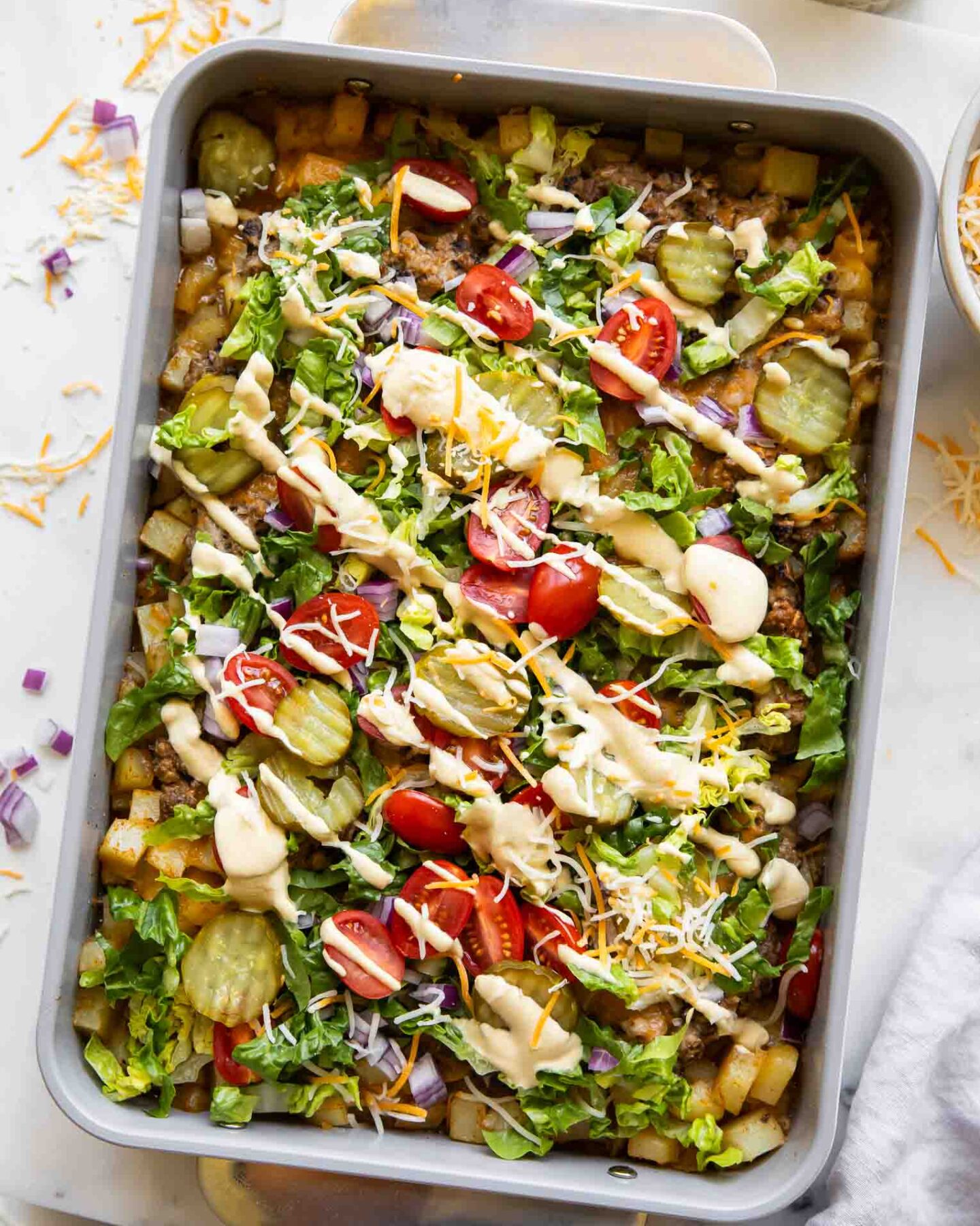 Big Mac casserole in a baking dish.