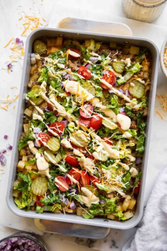 Big Mac casserole in a baking dish.