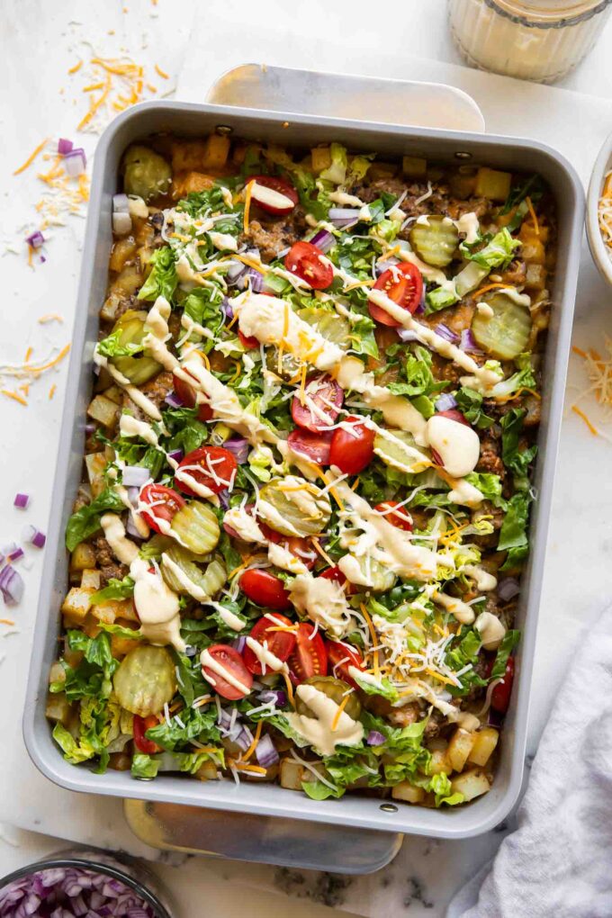 Big Mac casserole in a baking dish.