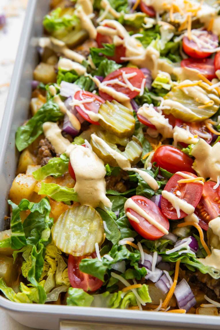 Big Mac casserole in a baking dish.