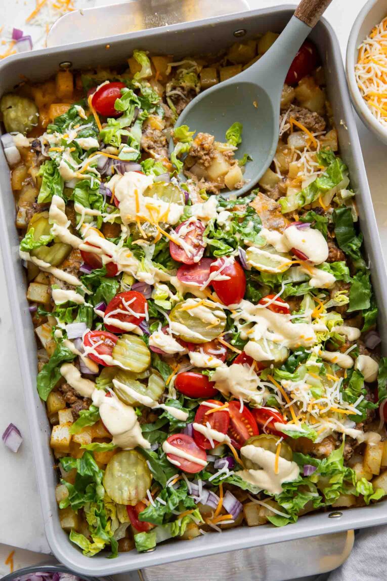 Big Mac casserole in a baking dish.