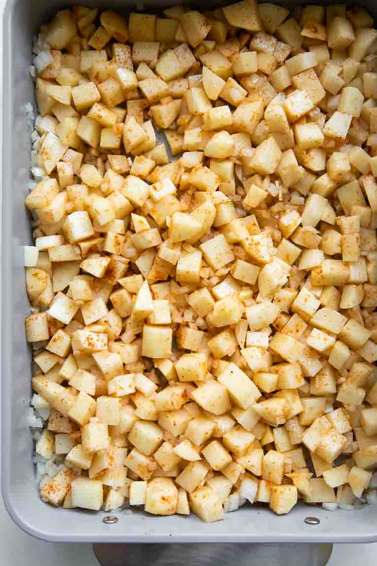 Potatoes in a baking dish.