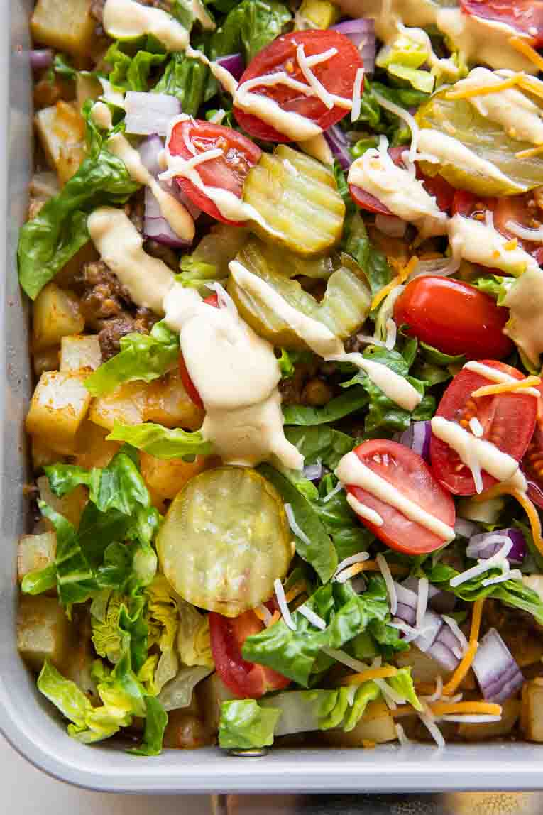 Big Mac casserole in a baking dish.