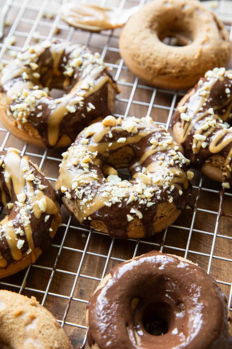 Angled photo of peanut butter chocolate donut.