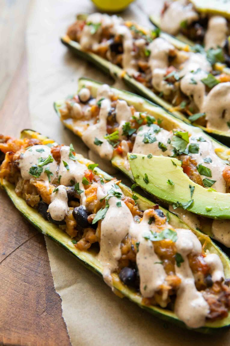Angled photo of zucchini boats recipe.