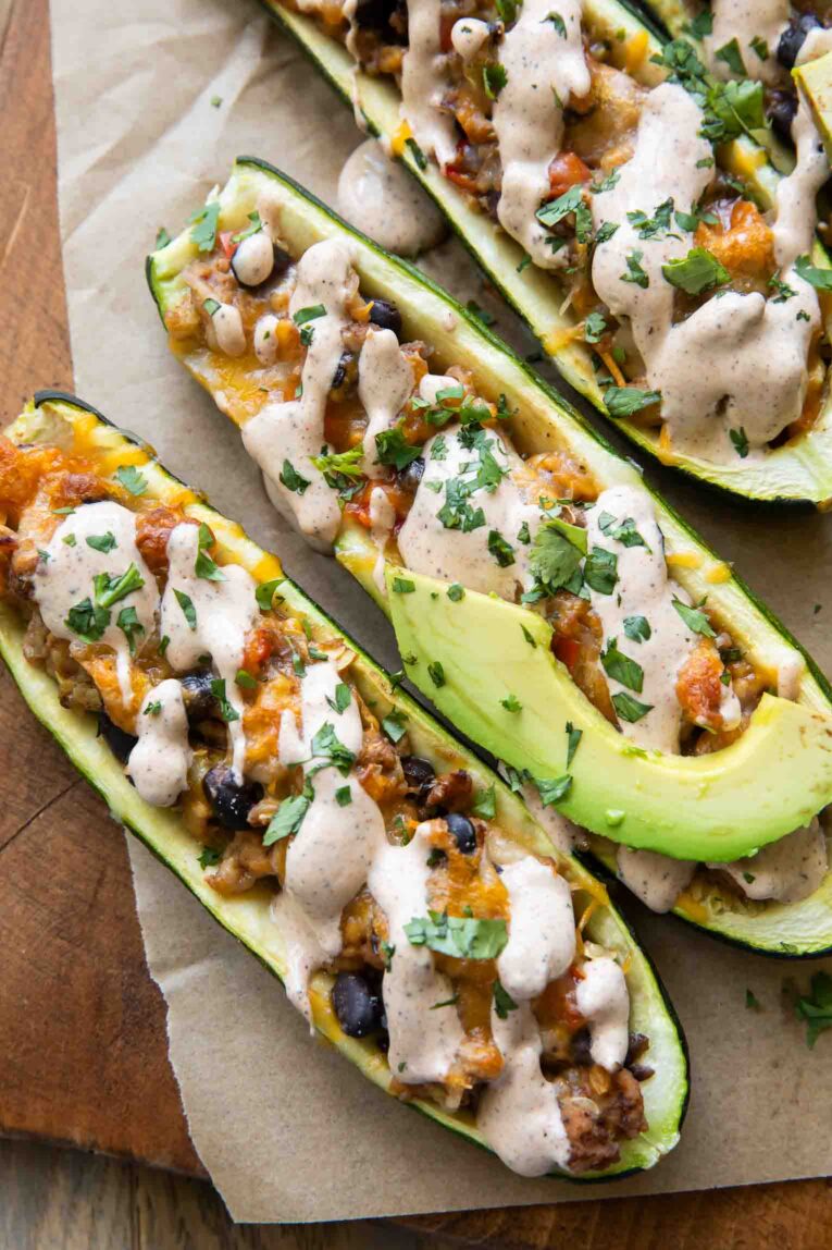 Close up of Ground Turkey Zucchini Boats recipe.