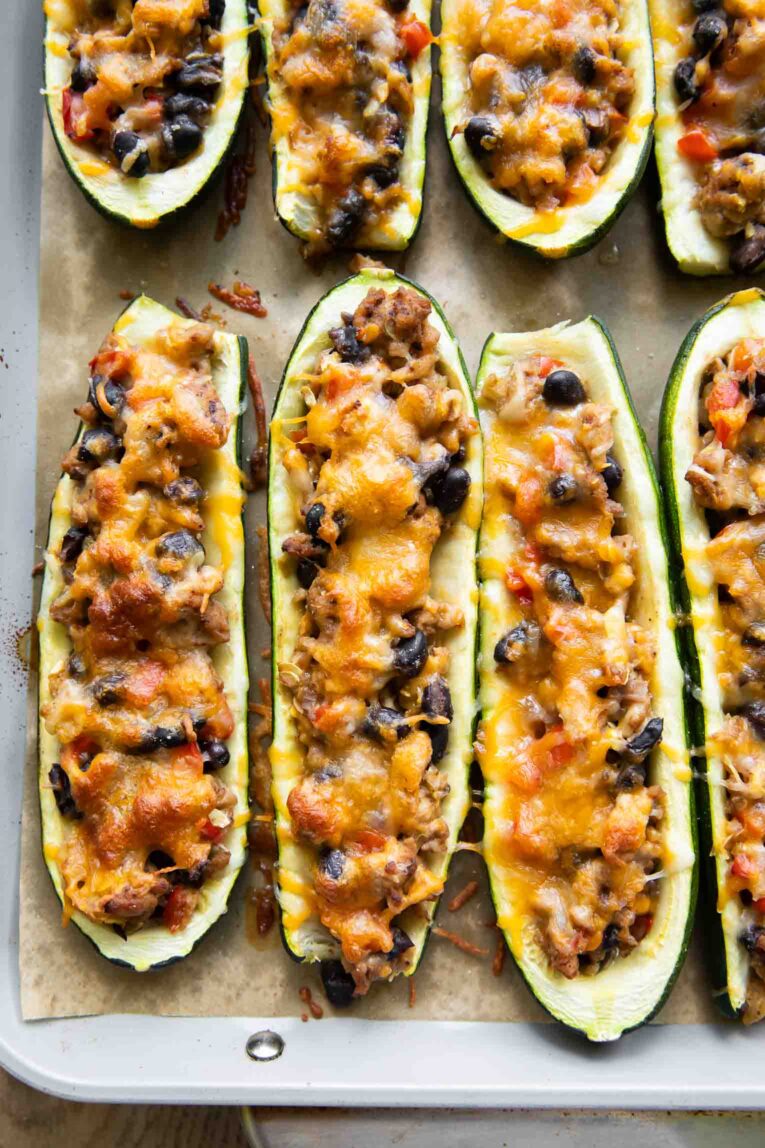 Close up of freshly baked Ground Turkey Zucchini Boats with southwestern flavor.