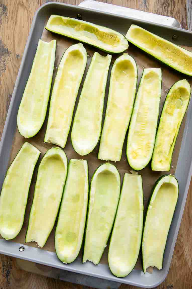 Zucchini boats with middle dug out.