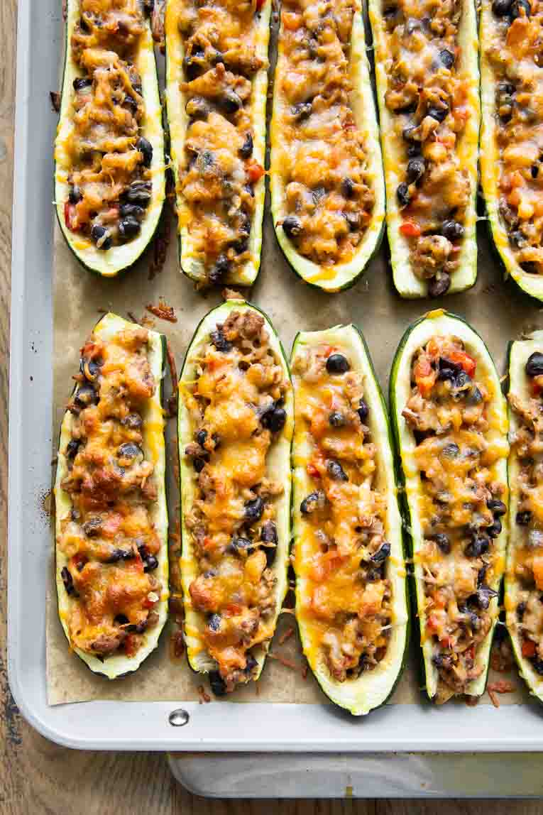 Baking pan with Ground Turkey Zucchini Boats.