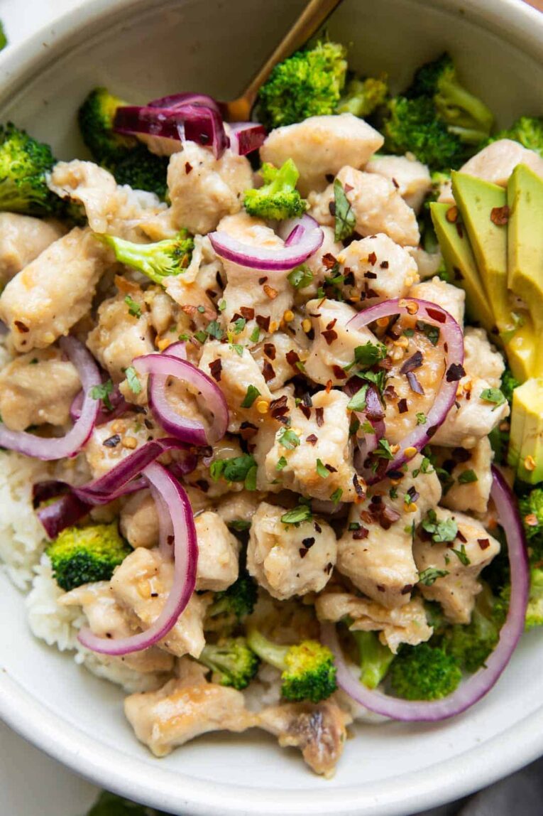 Close up of Sticky Garlic Butter Chicken in a bowl.