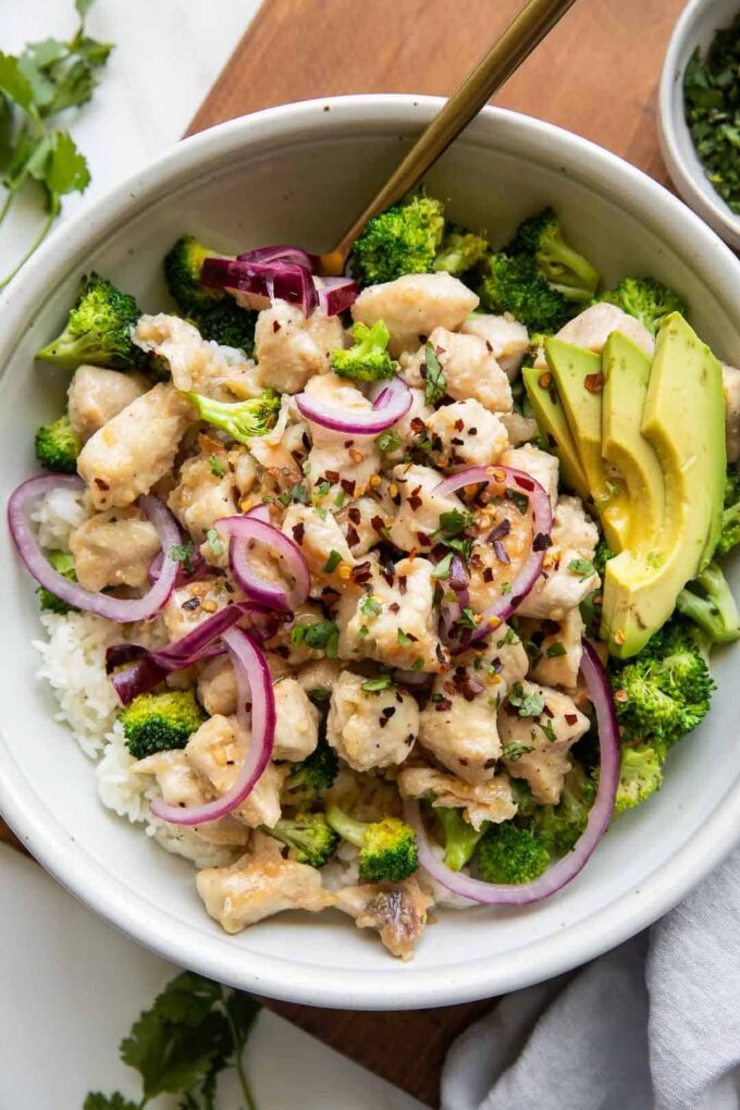Top photo of Sticky Garlic Butter Chicken Bowls recipe.