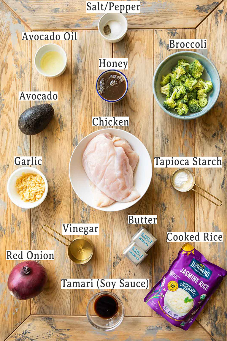 Ingredients in Sticky Garlic Butter Chicken Bowls recipe.