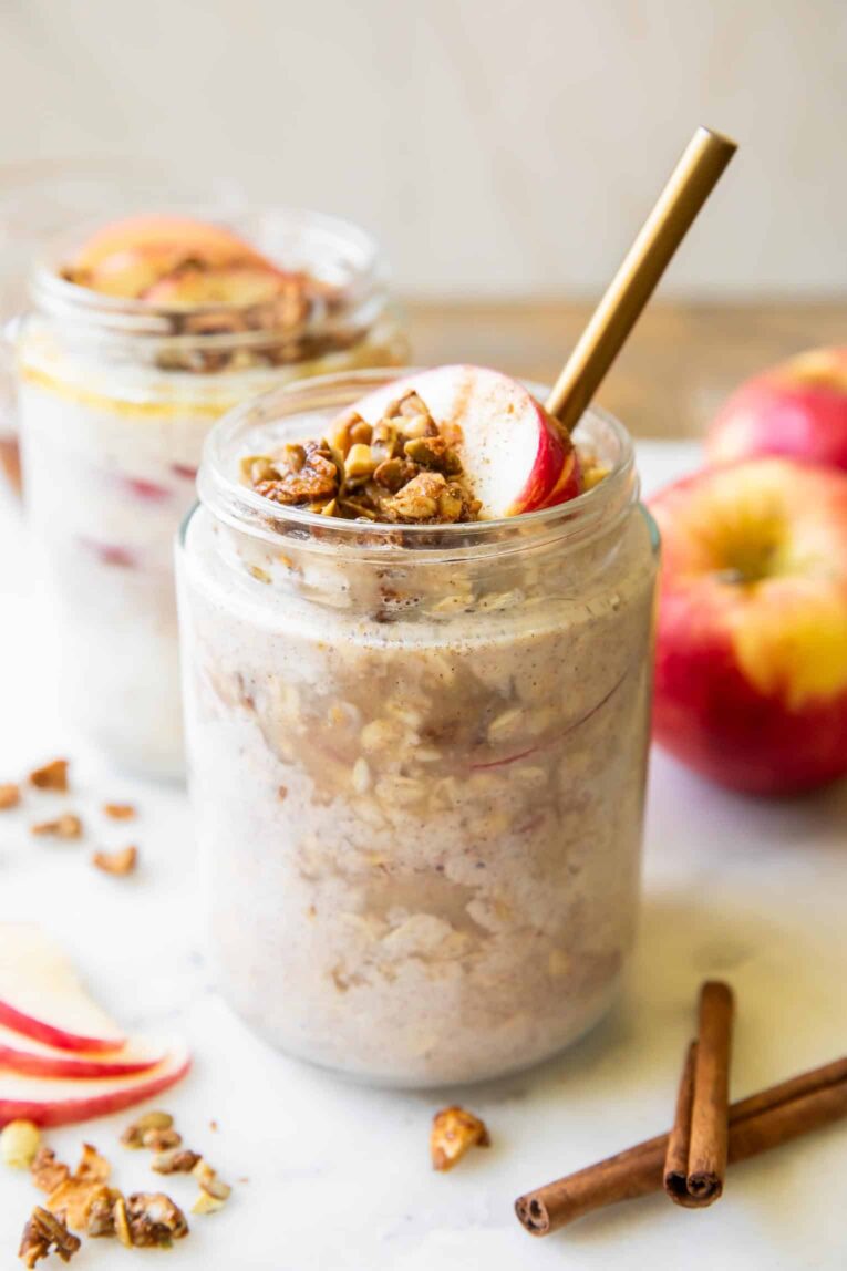 Angled photo of Apple overnight oats in a jar.