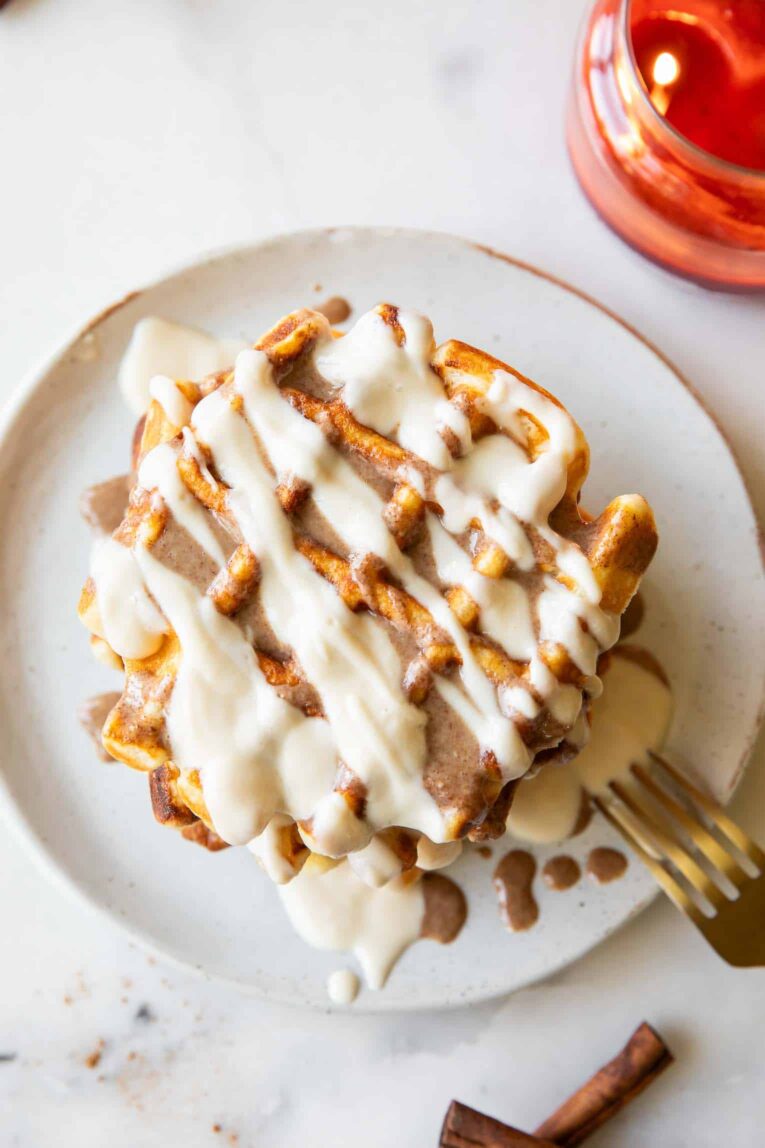 Top view Stack of cinnamon roll waffles.