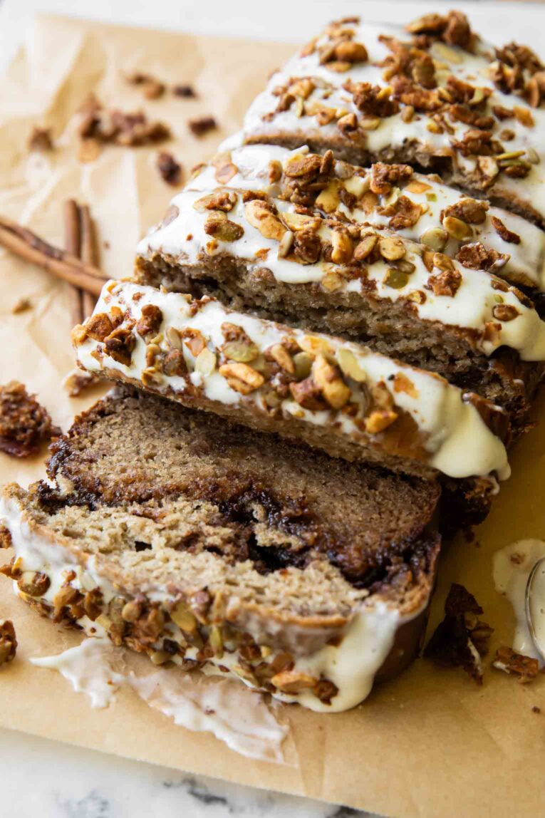 Angled view of Cottage Cheese Banana Bread.