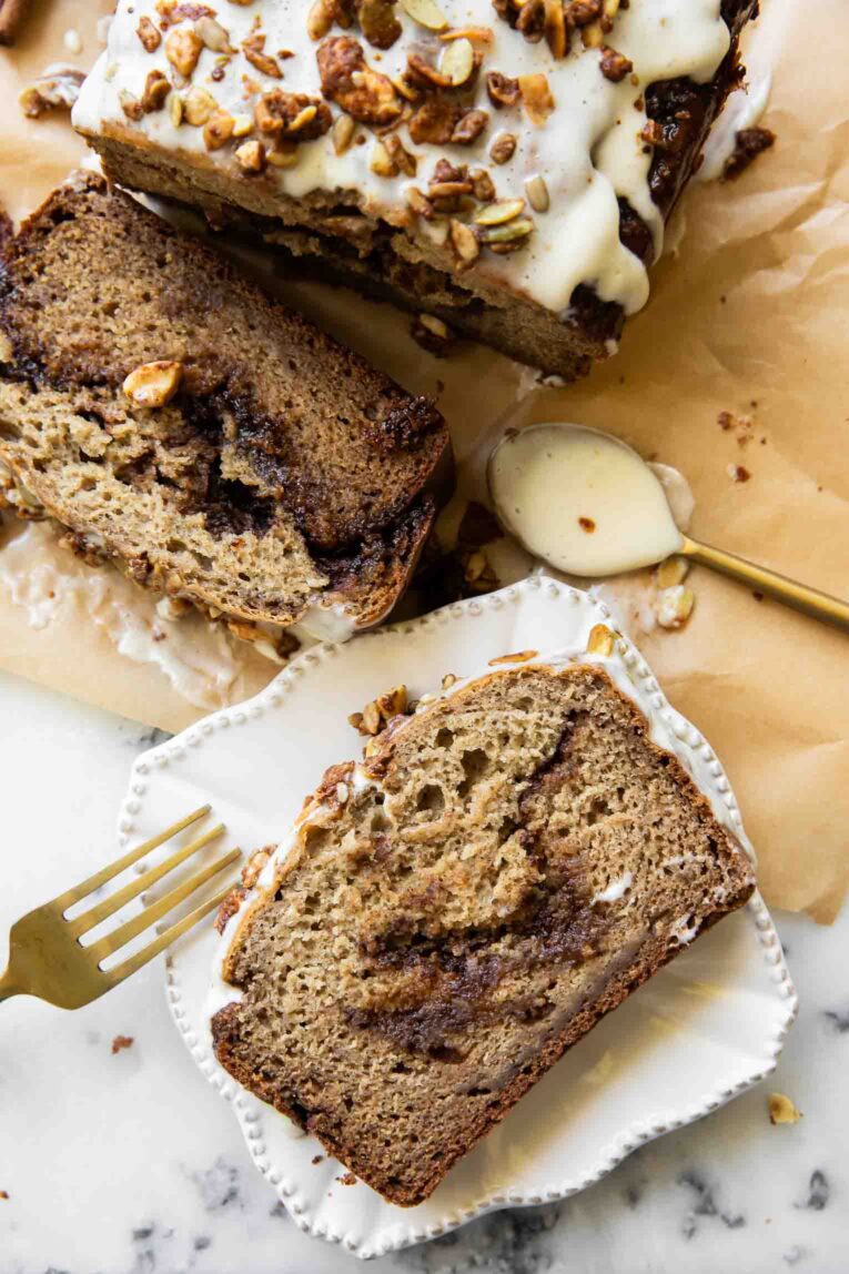Top view of slice of Cottage Cheese Banana Bread.