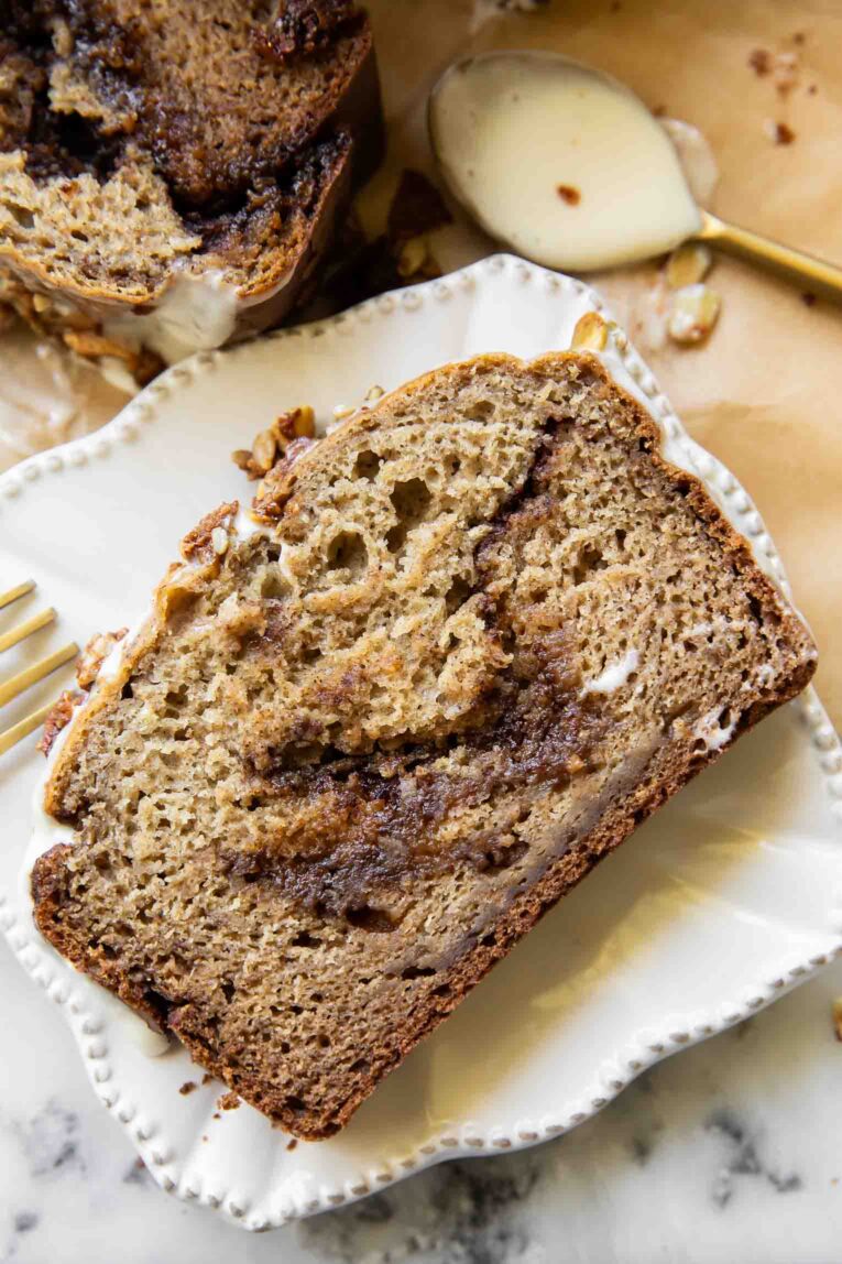 Top view of slice of Cottage Cheese Banana Bread.