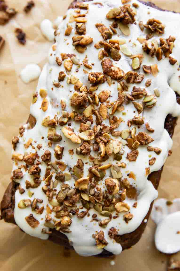 Top view Cottage Cheese Banana Bread with icing.