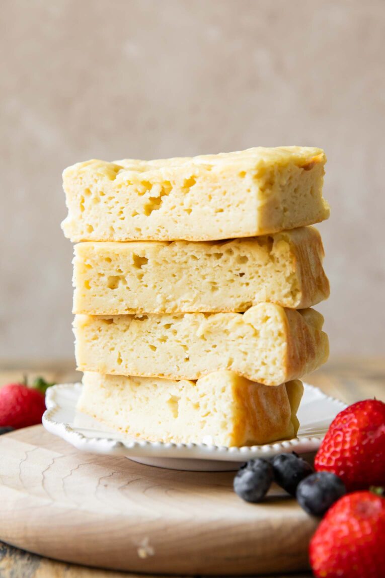 Cottage Cheese Pancake Bars stacked on top of each other.