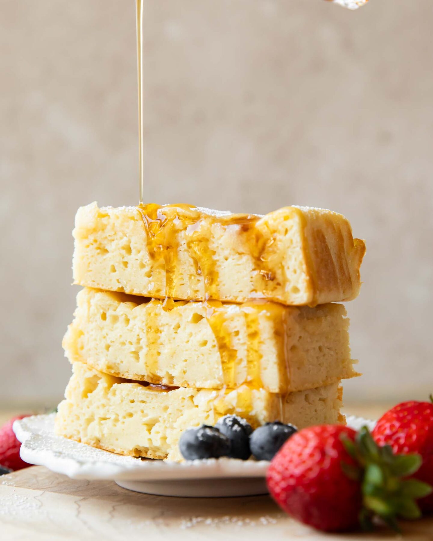 Cottage Cheese Pancake Bars stacked on top of each other.