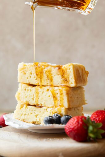 Cottage Cheese Pancake Bars stacked on top of each other.