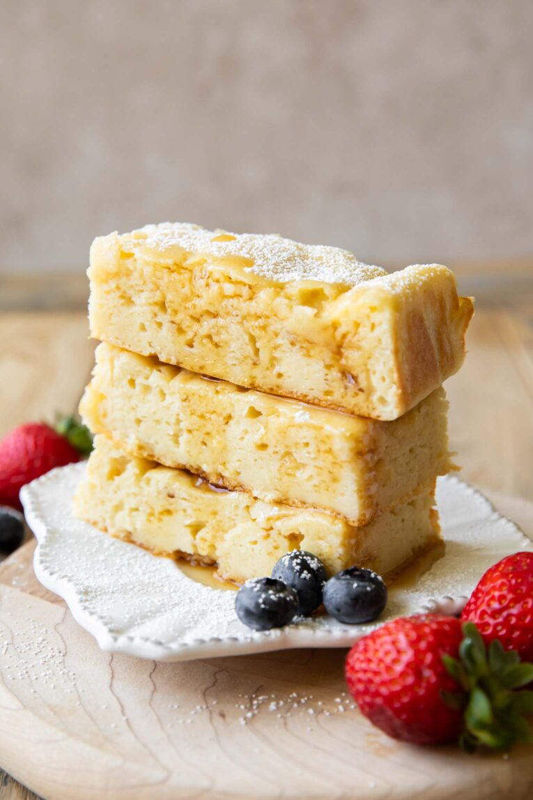 Cottage Cheese Pancake Bars stacked on top of each other.