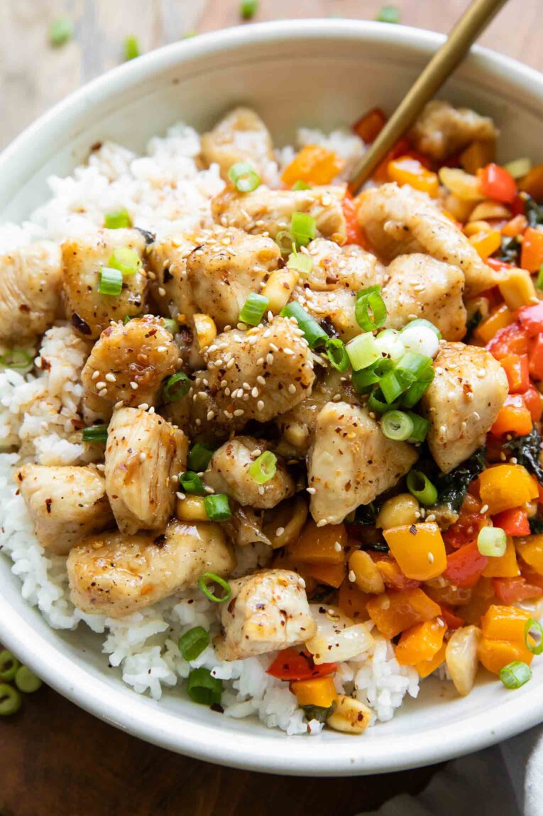 Kung Pao Chicken in a white bowl.