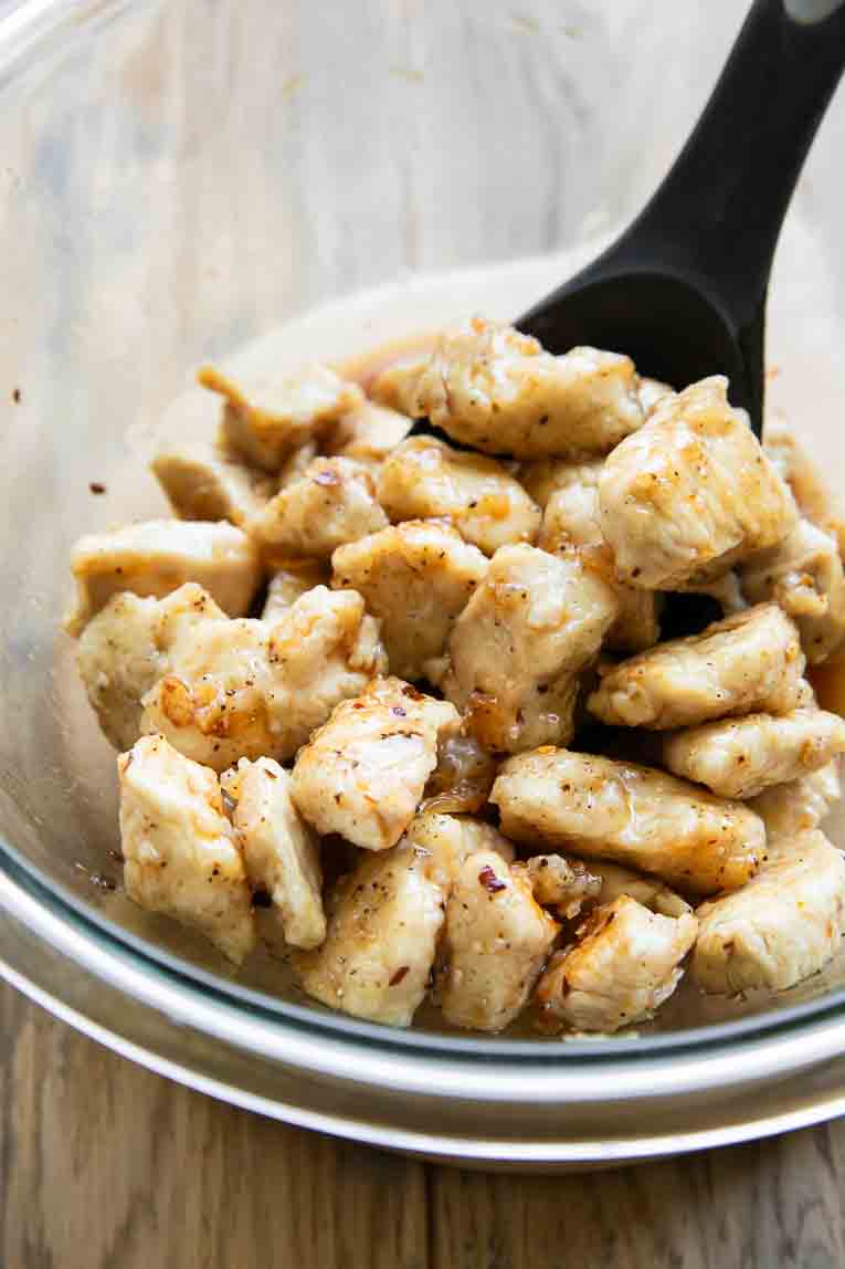 Cubed chicken in a bowl.